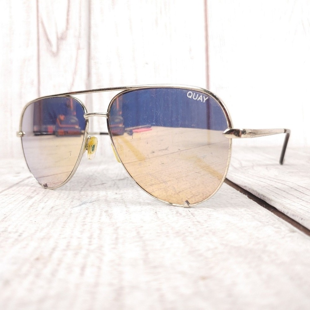 Quay X Desi High Key 126 Sunglasses - GOLD Frames, BLUE Mirrored Lenses, Aviator